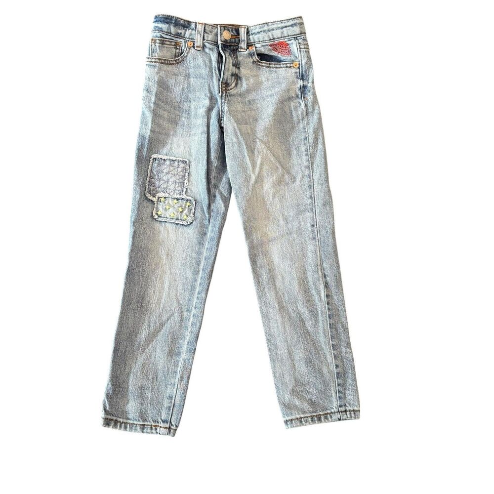 Cat & Jack Jeans Girls Medium Light Wash Girlfriend Stretch Embroidered Patches